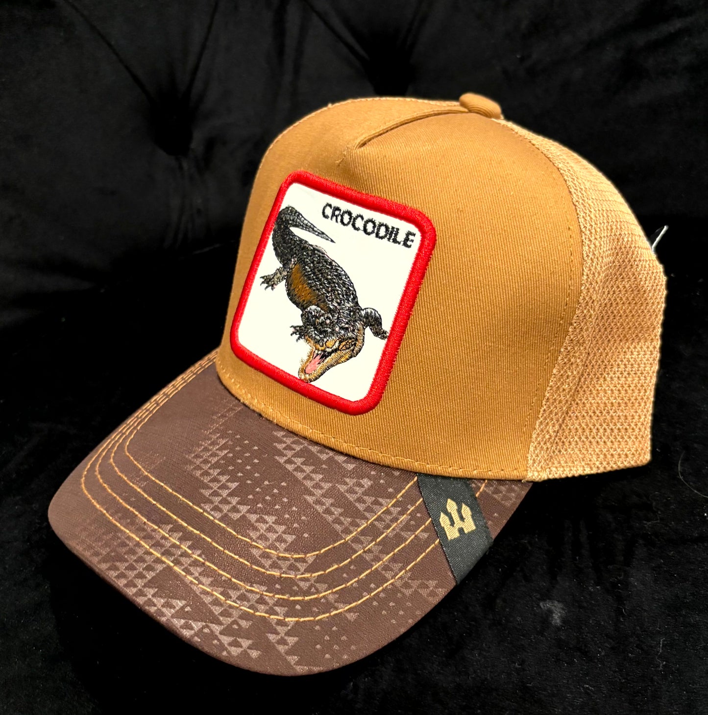 Brown Crocodile Trucker Hat- Tan with Brown camo bill