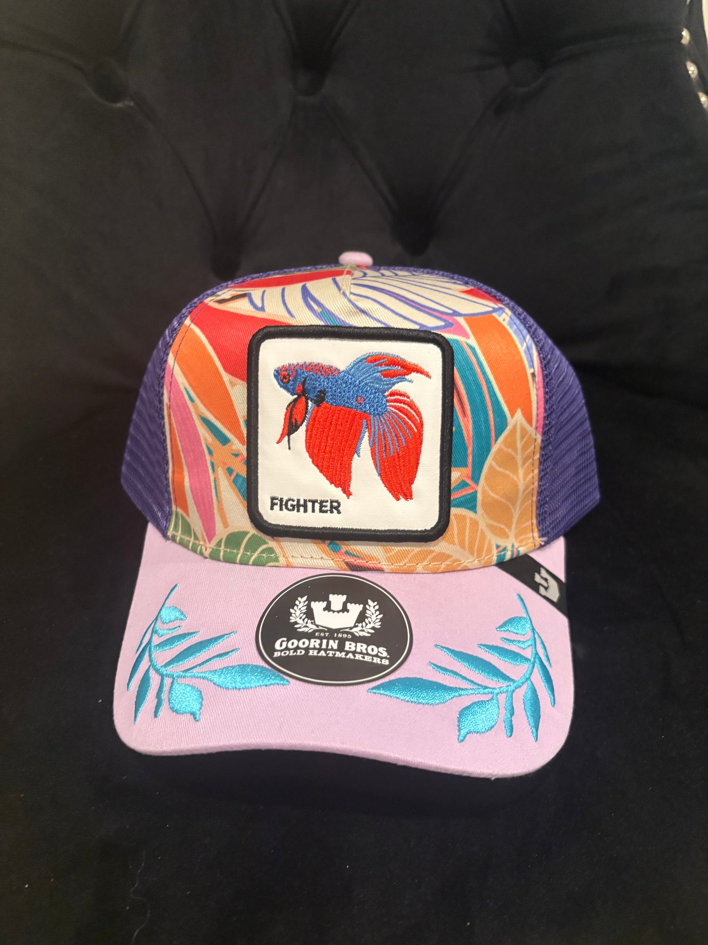 Fighter Fish Animal Patch Trucker Hat-Colorful purple and embroidery