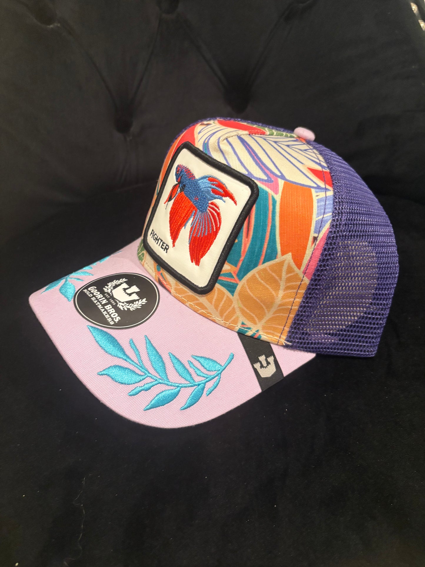 Fighter Fish Animal Patch Trucker Hat-Colorful purple and embroidery