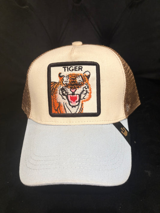 Tiger Animal Patch Trucker Hat - White with brown mesh