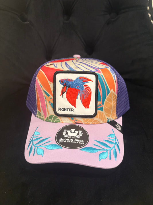 Fighter Fish Animal Patch Trucker Hat-Colorful purple and embroidery