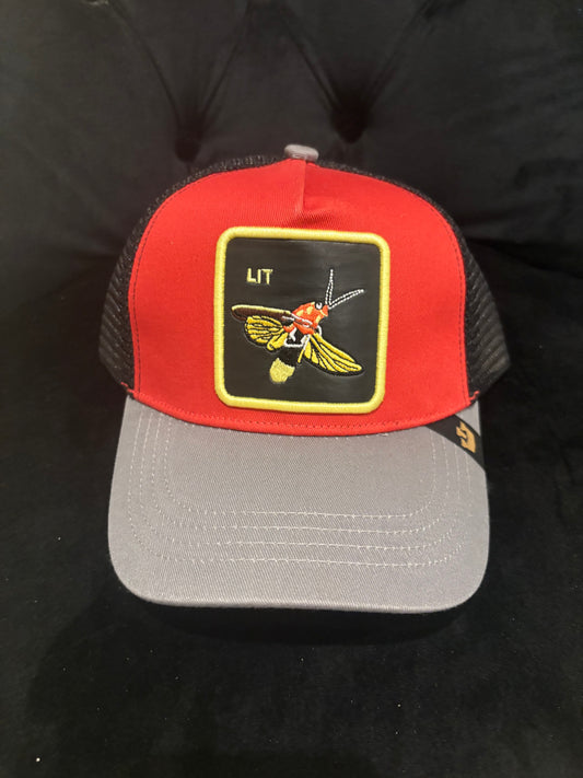 Lit Lightning Bug- Animal Patch Trucker Hat - Red/Grey/Black