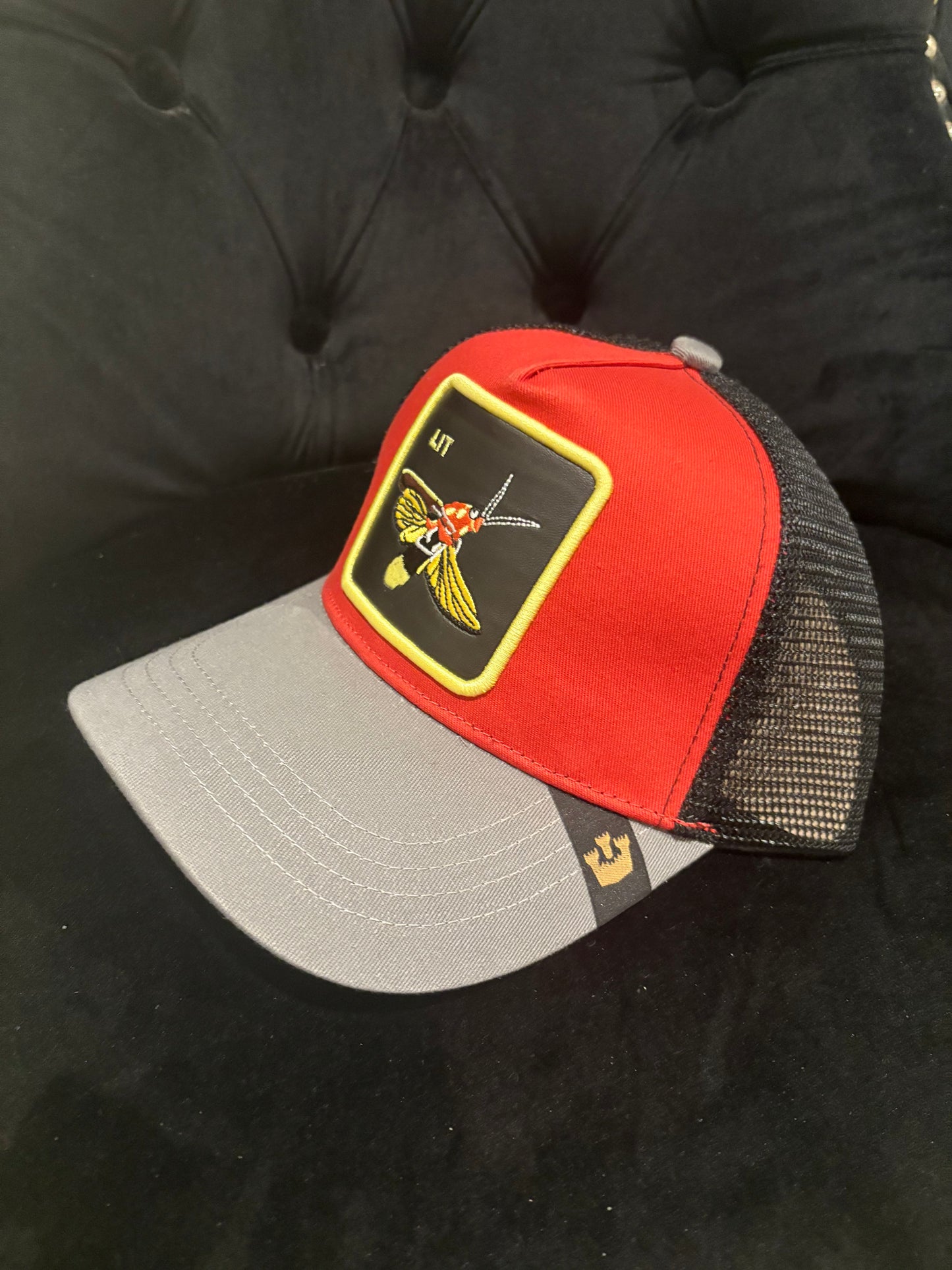 Lit Lightning Bug- Animal Patch Trucker Hat - Red/Grey/Black