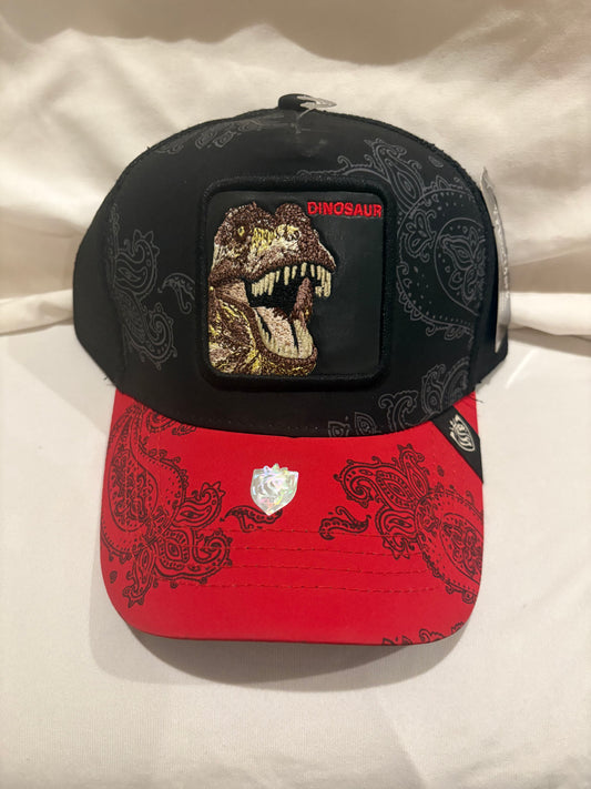 Dinosaur Animal Patch - Trucker Hat - Black with Red brim