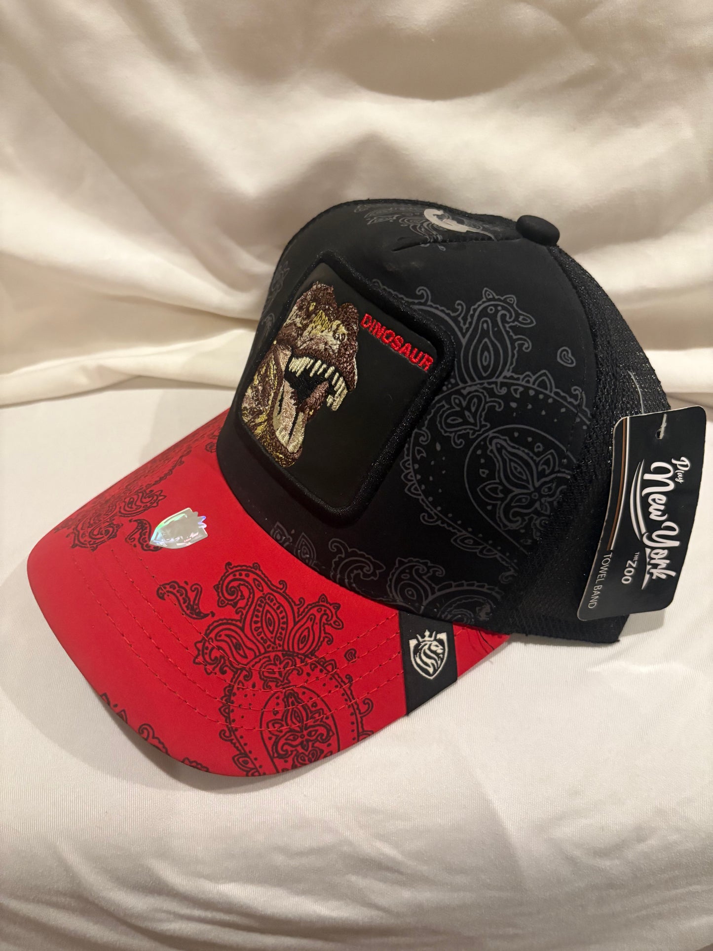 Dinosaur Animal Patch - Trucker Hat - Black with Red brim