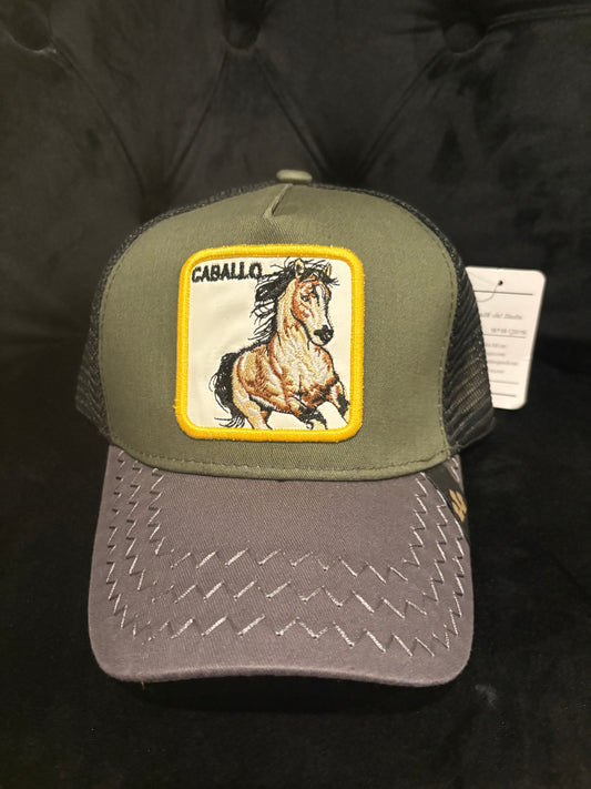 "Caballo" Horse Animal Print Trucker Hat - Green/Grey
