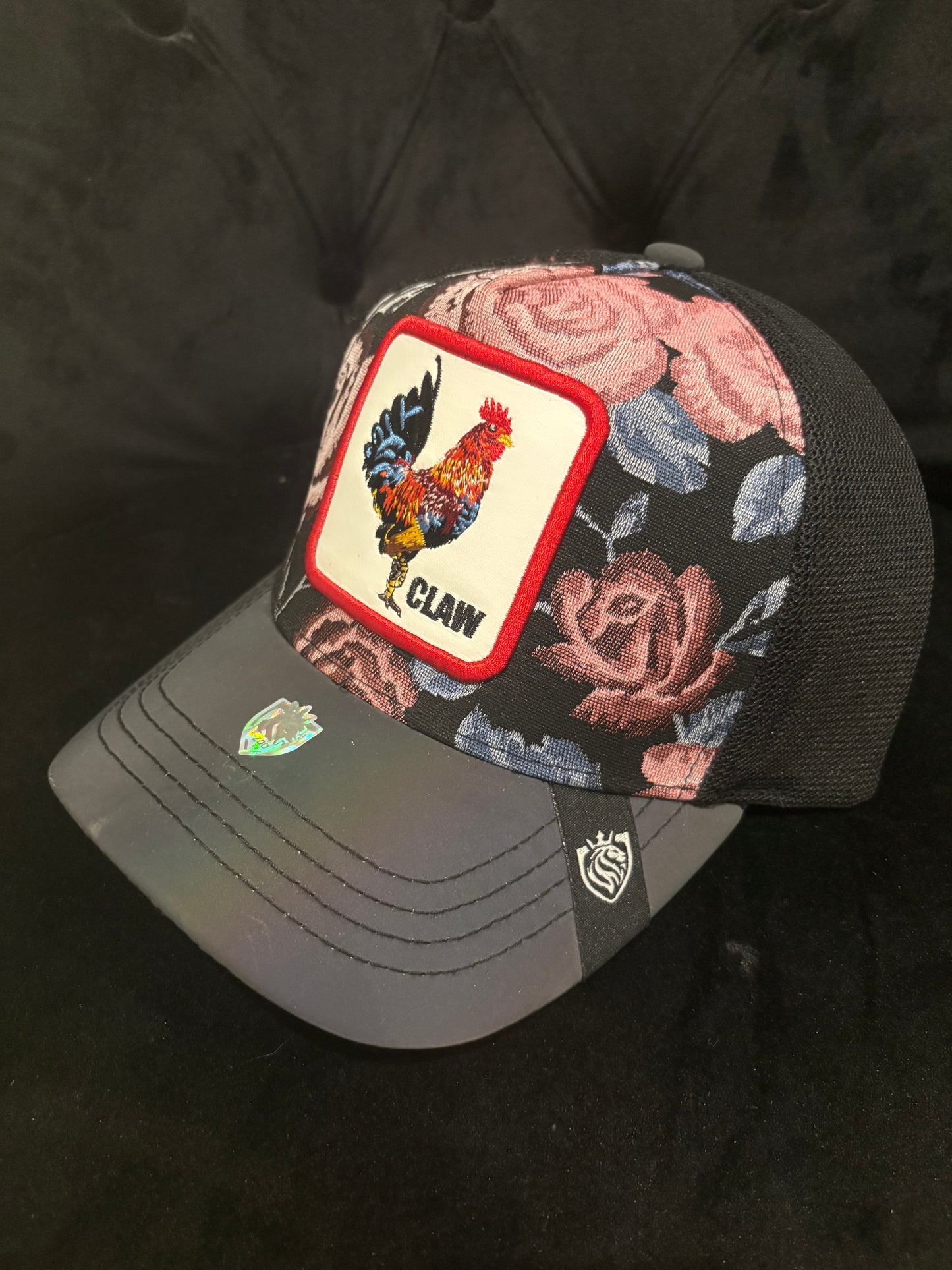 Claw Rooster Animal Print Trucker Hat - Floral fabric