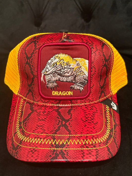 Dragon Animal Print Trucker Hat- Red Leather