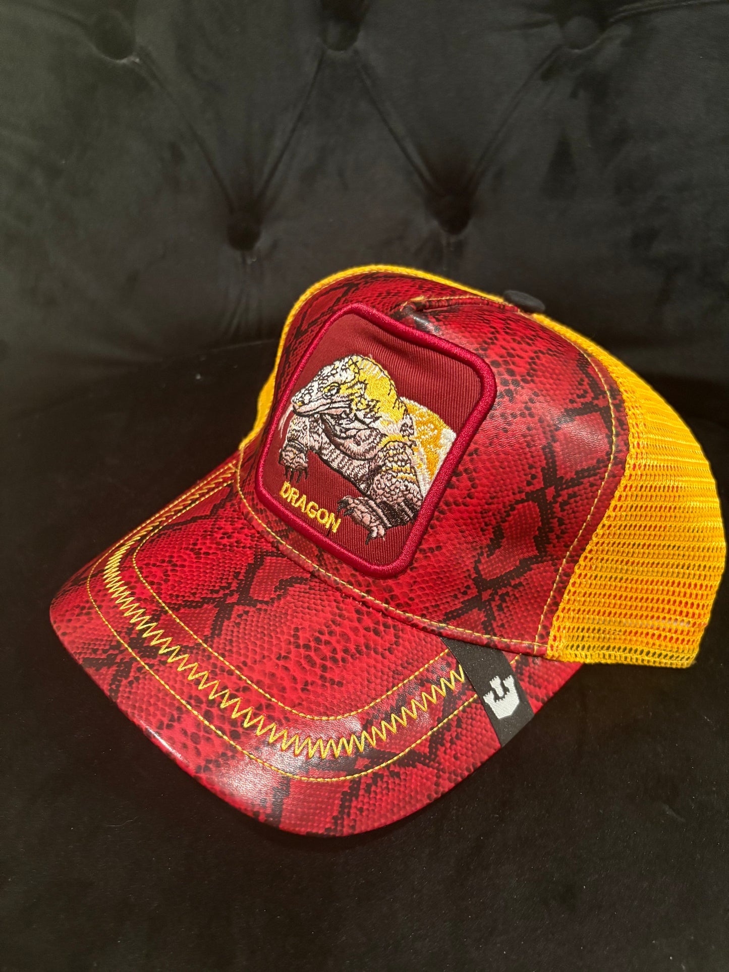 Dragon Animal Print Trucker Hat- Red Leather